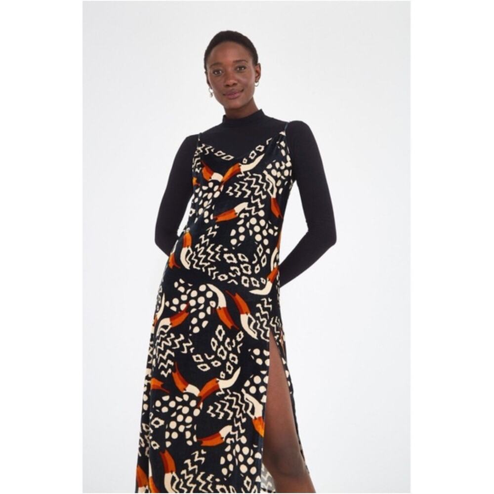 NWT Farm Rio Black Tucano Velvet Midi Dress in Black Multi XS - Picture 2 of 11